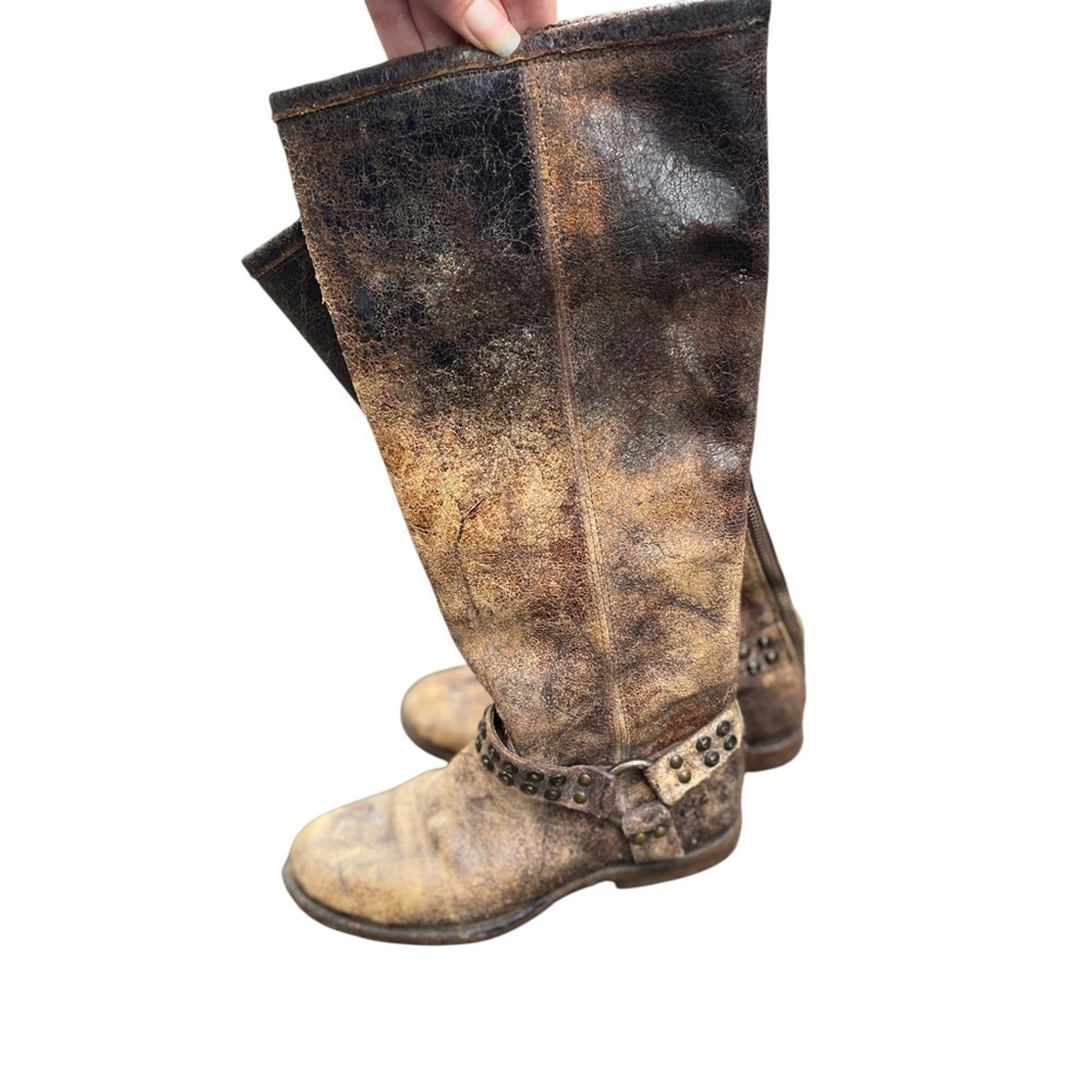 Frye Brown‎ Combat Moto Boots Distressed Leather - Picture 8 of 10